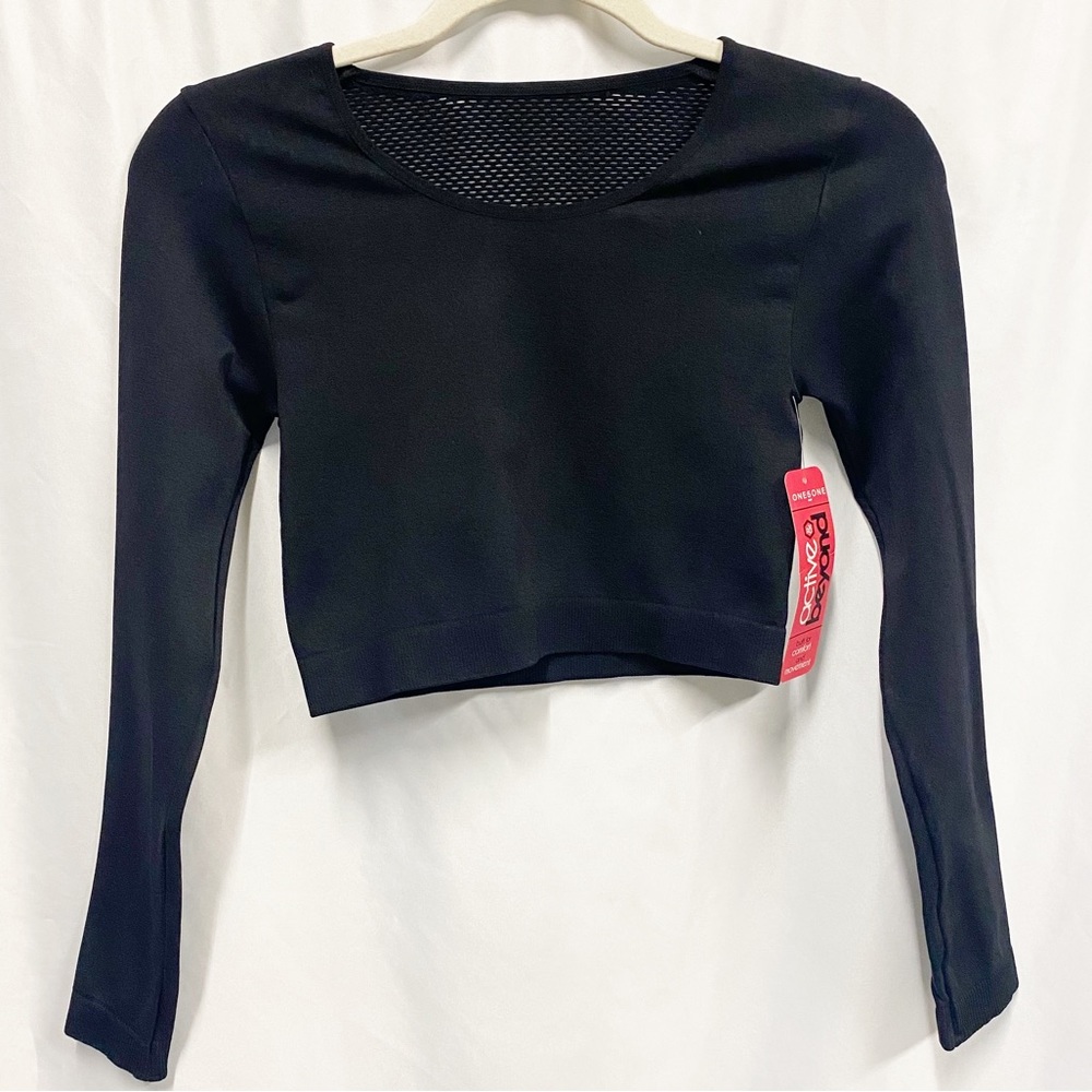 One 5 One Black Fishnet Long Sleeve Activewear Crop Top